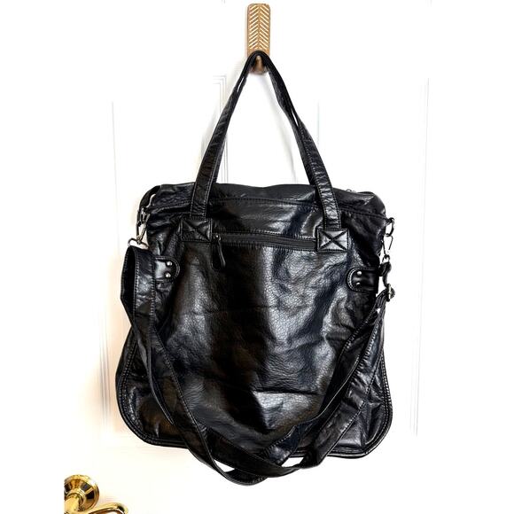 Black Soft Faux Leather Utility Tote Convertible Shoulder Crossbody Motorcycle - Picture 2 of 8